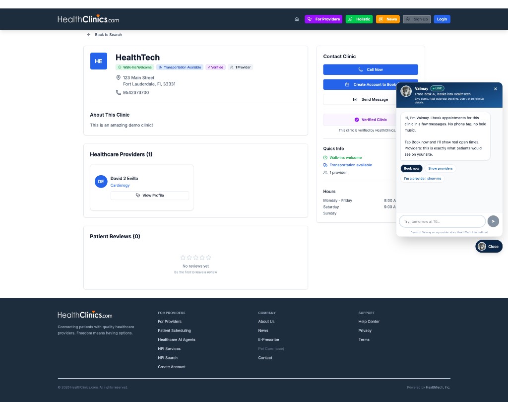 Valmay AI web chat booking into a practice calendar
